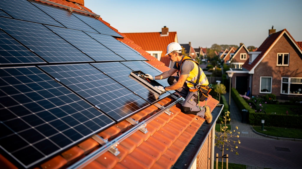 Installateur plaatst zonnepanelen op een hellend dak in Nederland