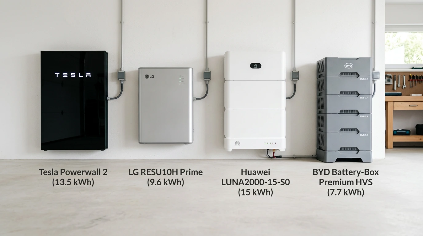 Vier thuisbatterij merken naast elkaar: Tesla Powerwall, LG RESU, Huawei Luna, BYD Battery-Box