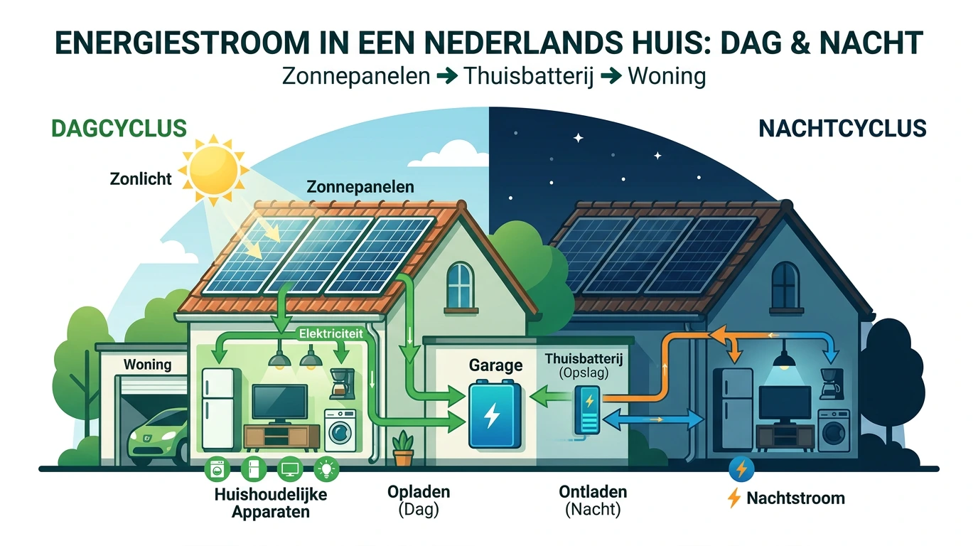 Diagram thuisbatterij werking zonnepanelen naar accu naar huis