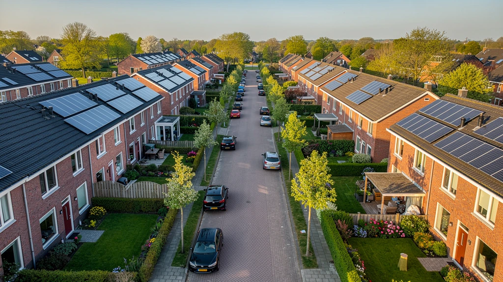 Zonnepanelen op een typisch Nederlands rijtjeshuis met zonnige dag